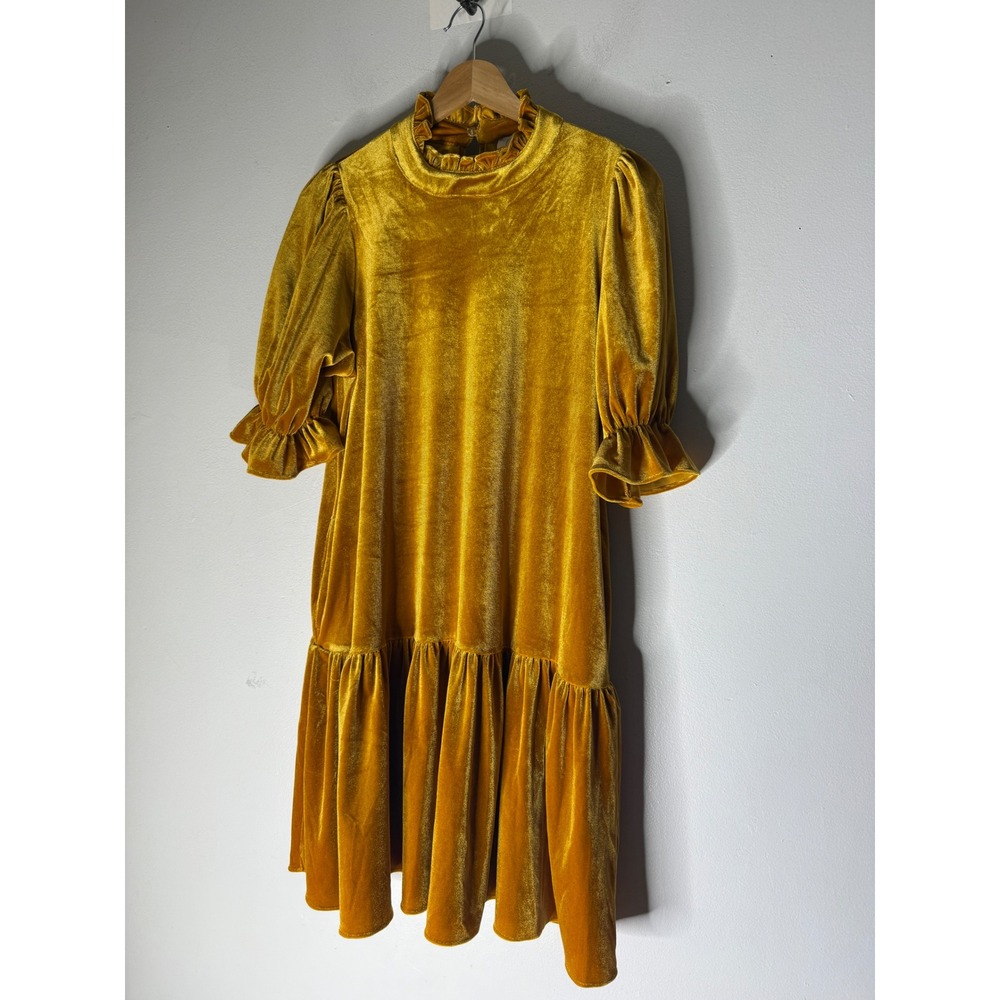 Calista Mustard Yellow Velvet Babydoll Mini Dress Ruffle Neck Puff Sleeve S